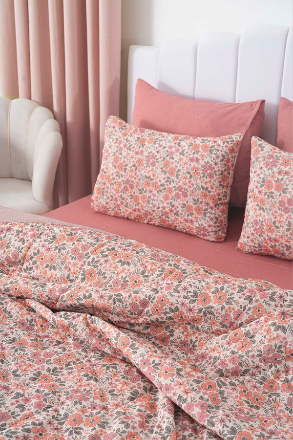Pink Spring Double Bedding Set with Quilted Bedspread - 7 Piece Dowry Set