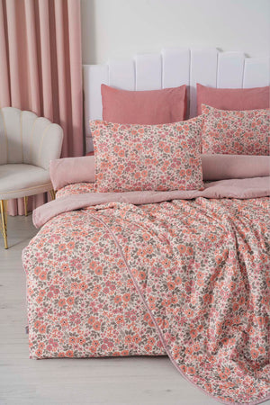 Pink Spring Double Bedding Set with Quilted Bedspread - 7 Piece Dowry Set