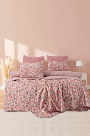 Pink Spring Double Bedding Set with Quilted Bedspread - 7 Piece Dowry Set
