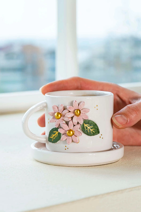 Pink Floral Amore Handmade Ceramic Double Coffee Cup Mug