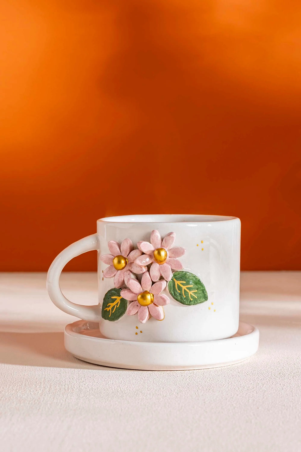 Pink Floral Amore Handmade Ceramic Double Coffee Cup Mug