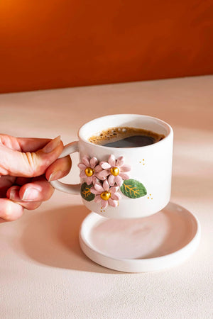 Pink Floral Amore Handmade Ceramic Double Coffee Cup Mug