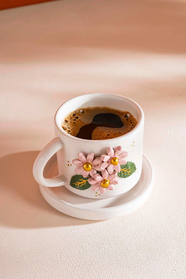 Pink Floral Amore Handmade Ceramic Double Coffee Cup Mug