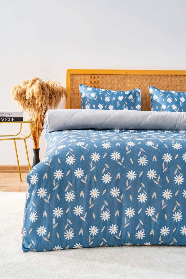 Petrol Blue Daisy Single Duvet Cover Set – Cotton