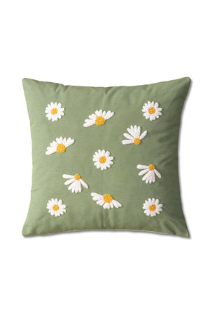 Green Background Daisy Patterned Punch-Embroidered Decorative Design Linen Cushion Cover