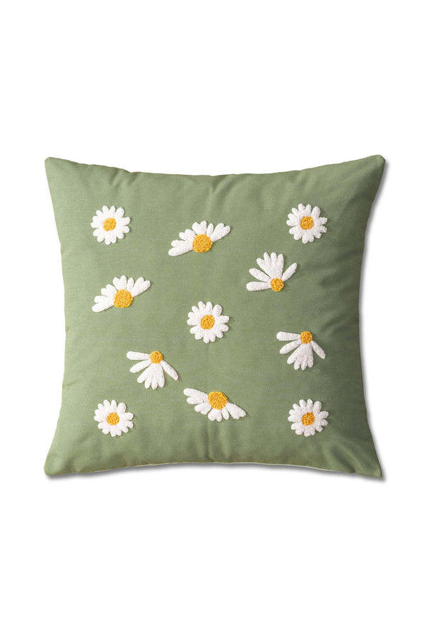 Green Background Daisy Patterned Punch-Embroidered Decorative Design Linen Cushion Cover