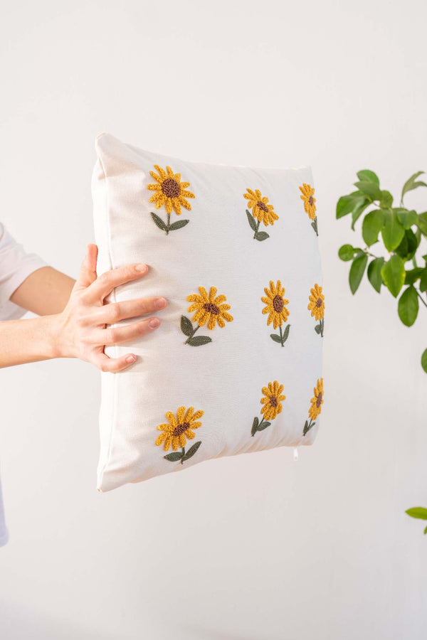 Ecru Base Sunflower Patterned Punch Embroidered Decorative Design Linen Cushion Cover