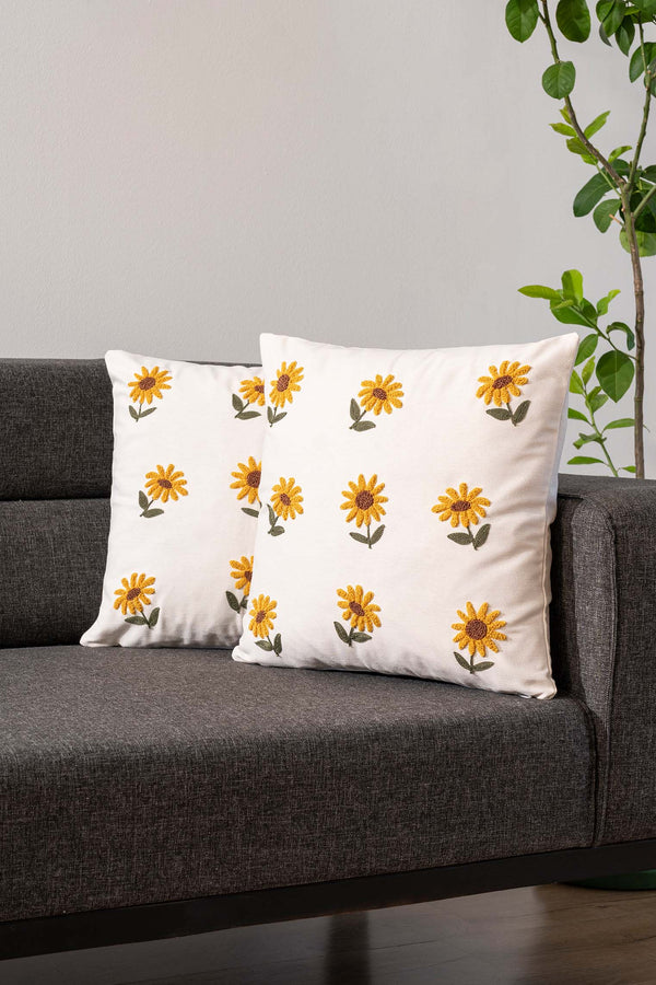 Ecru Base Sunflower Patterned Punch Embroidered Decorative Design Linen Cushion Cover