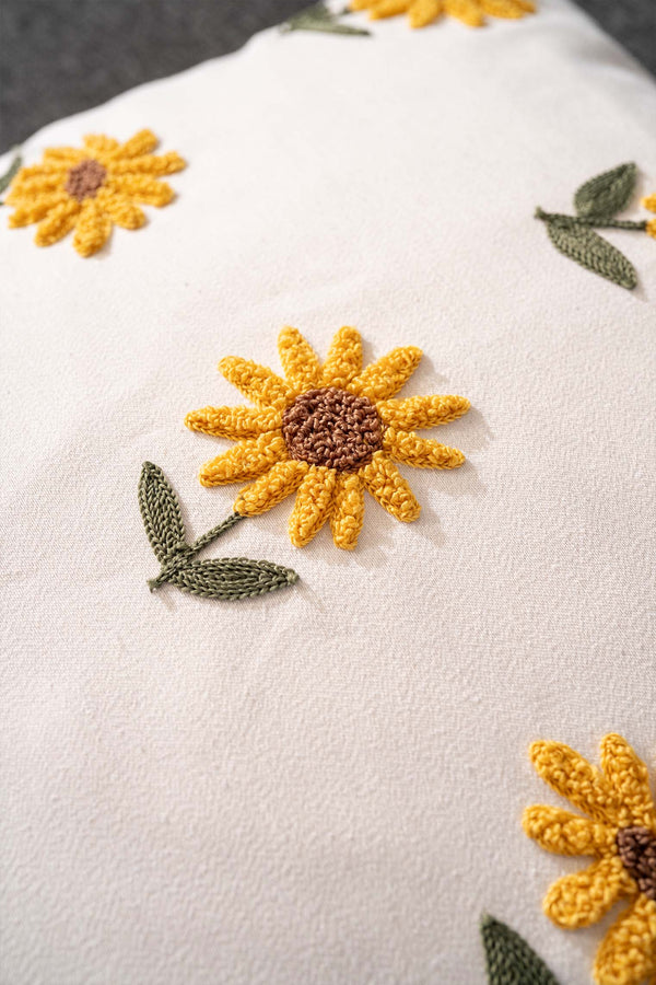 Ecru Base Sunflower Patterned Punch Embroidered Decorative Design Linen Cushion Cover