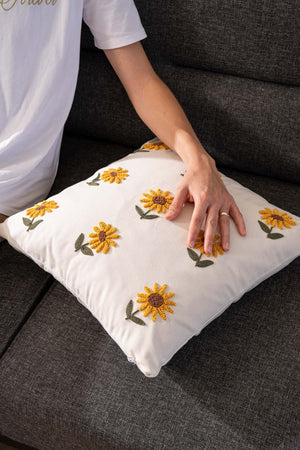 Ecru Base Sunflower Patterned Punch Embroidered Decorative Design Linen Cushion Cover