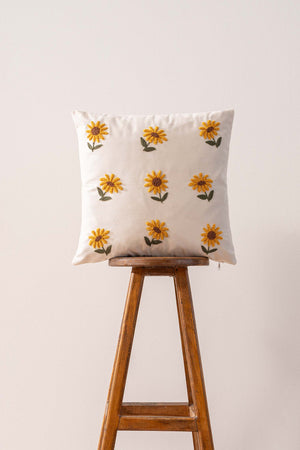 Ecru Base Sunflower Patterned Punch Embroidered Decorative Design Linen Cushion Cover