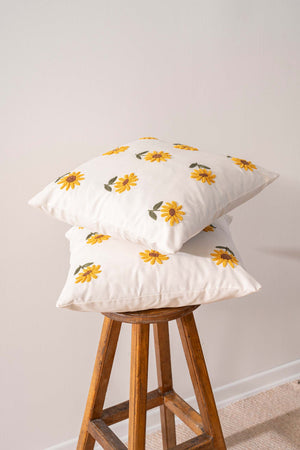 Ecru Base Sunflower Patterned Punch Embroidered Decorative Design Linen Cushion Cover