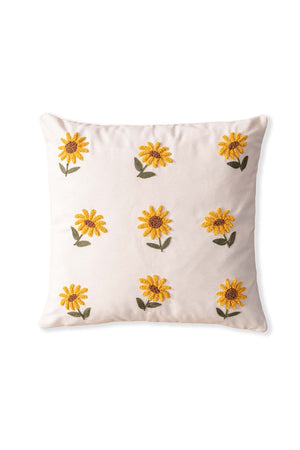 Ecru Base Sunflower Patterned Punch Embroidered Decorative Design Linen Cushion Cover