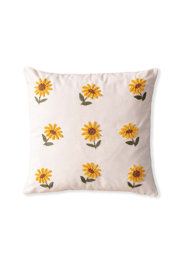 Ecru Base Sunflower Patterned Punch Embroidered Decorative Design Linen Cushion Cover