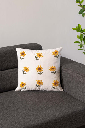 Ecru Base Sunflower Patterned Punch Embroidered Decorative Design Linen Cushion Cover