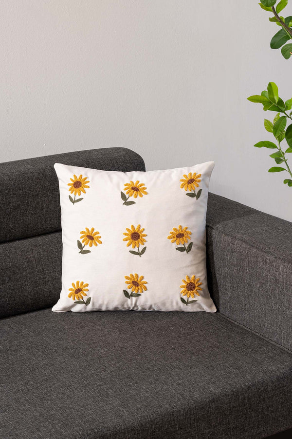 Ecru Base Sunflower Patterned Punch Embroidered Decorative Design Linen Cushion Cover