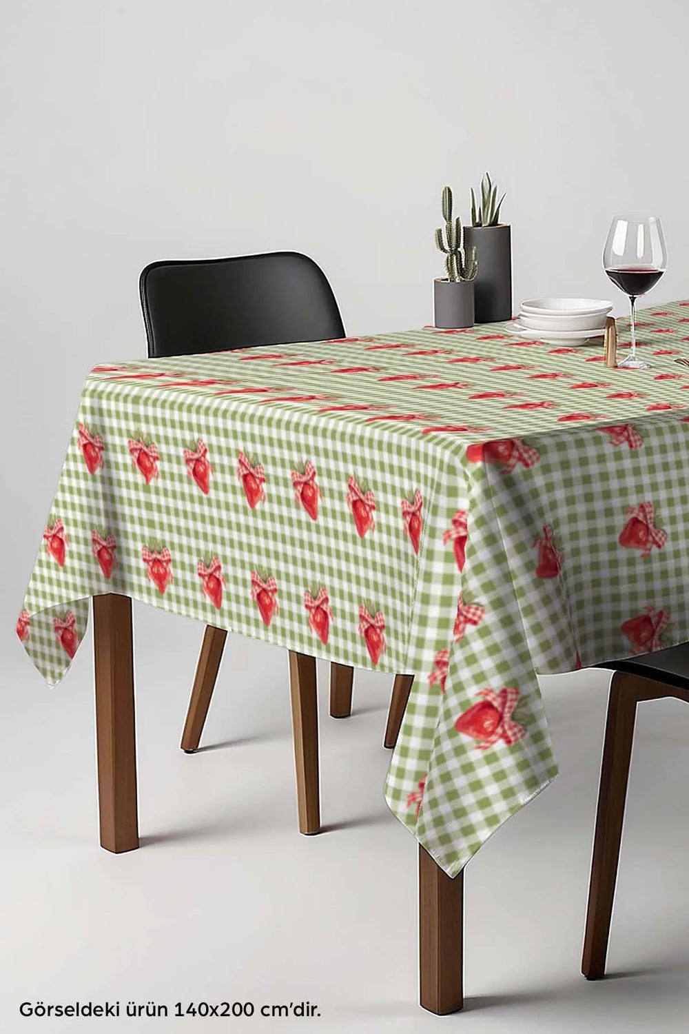 Green Checkered Strawberry Pattern Tablecloth, Table Linen, Picnic Cloth