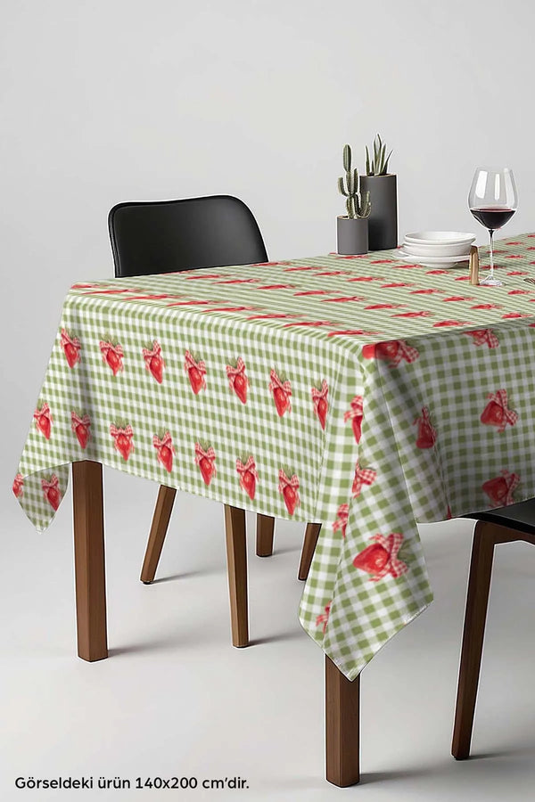 Green Checkered Strawberry Pattern Tablecloth, Table Linen, Picnic Cloth