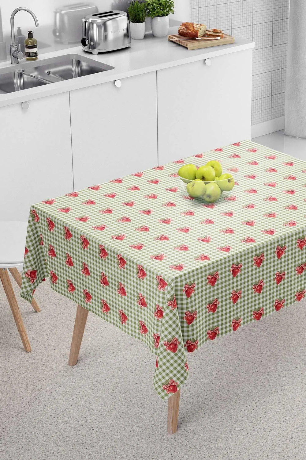 Green Checkered Strawberry Pattern Tablecloth, Table Linen, Picnic Cloth