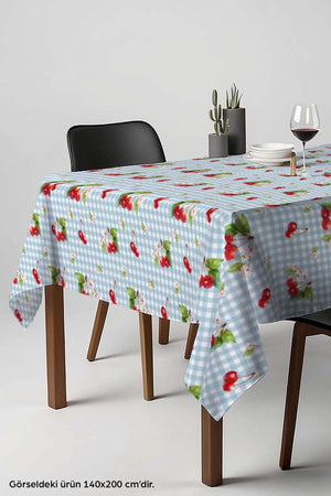 Checkered Cherry Pattern Blue Tablecloth, Table Napkin, Picnic Cloth