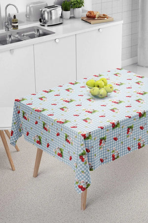 Checkered Cherry Pattern Blue Tablecloth, Table Napkin, Picnic Cloth