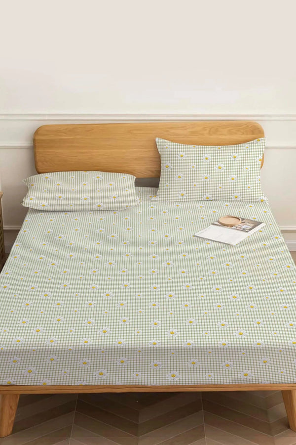 Checked Daisy Green Double Size Cotton Sheet