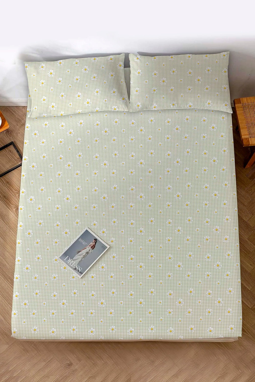 Checked Daisy Green Double Size Cotton Sheet