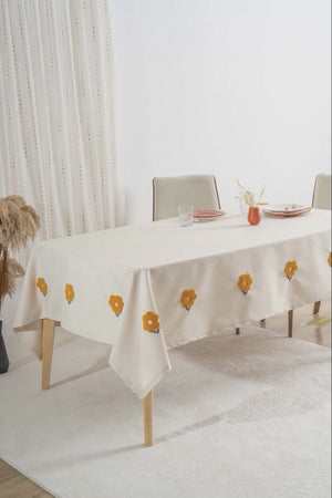 Florita Yellow Punch Embroidered Tablecloth – Stain-Proof, Easy-Care, 160x220 cm
