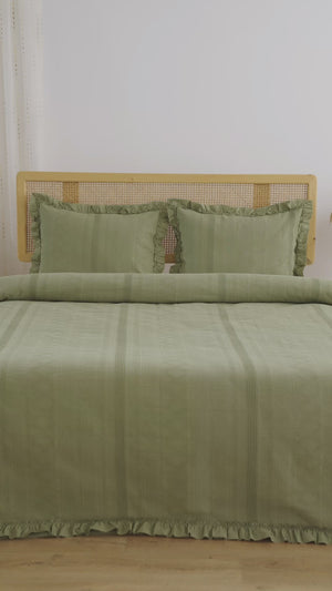 Tziana Khaki Green Jacquard 3-Piece Bedspread Set – 100% Cotton, Multi-Use Coverlet & Shams, Queen Size, 220x240 cm