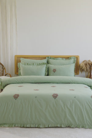 Florita Green 100% Cotton Embroidered Duvet Cover Set, 6-Piece Double Size Bedding – Breathable Fabric, 200x220 cm