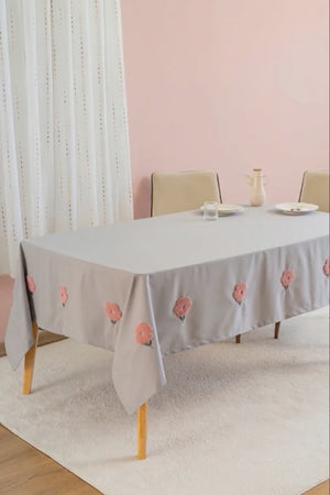 Florita Grey Punch Embroidered Tablecloth – Stain-Proof, Easy-Care, 160x220 cm