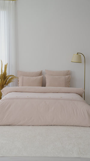 Grace Mink Guipure Lace 6-Piece Bridal Duvet Set – 100% Washed Organic Cotton, Embroidered, Queen Size
