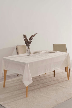 Jumbo Cream Jacquard Tablecloth – Liquid Repellent, Stain Resistant, 100% Polyester, 160x220 cm