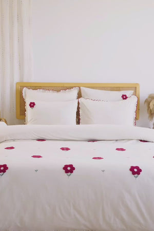 Florita Cherry 100% Cotton Embroidered Duvet Cover Set, 6-Piece Double Size Bedding – Breathable Fabric, 200x220 cm