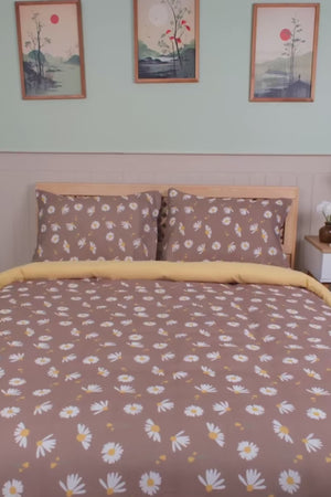 Brown Daisy Polycotton Single Duvet Cover Set – Zipper Closure, 2-Piece, 160x215 cm
