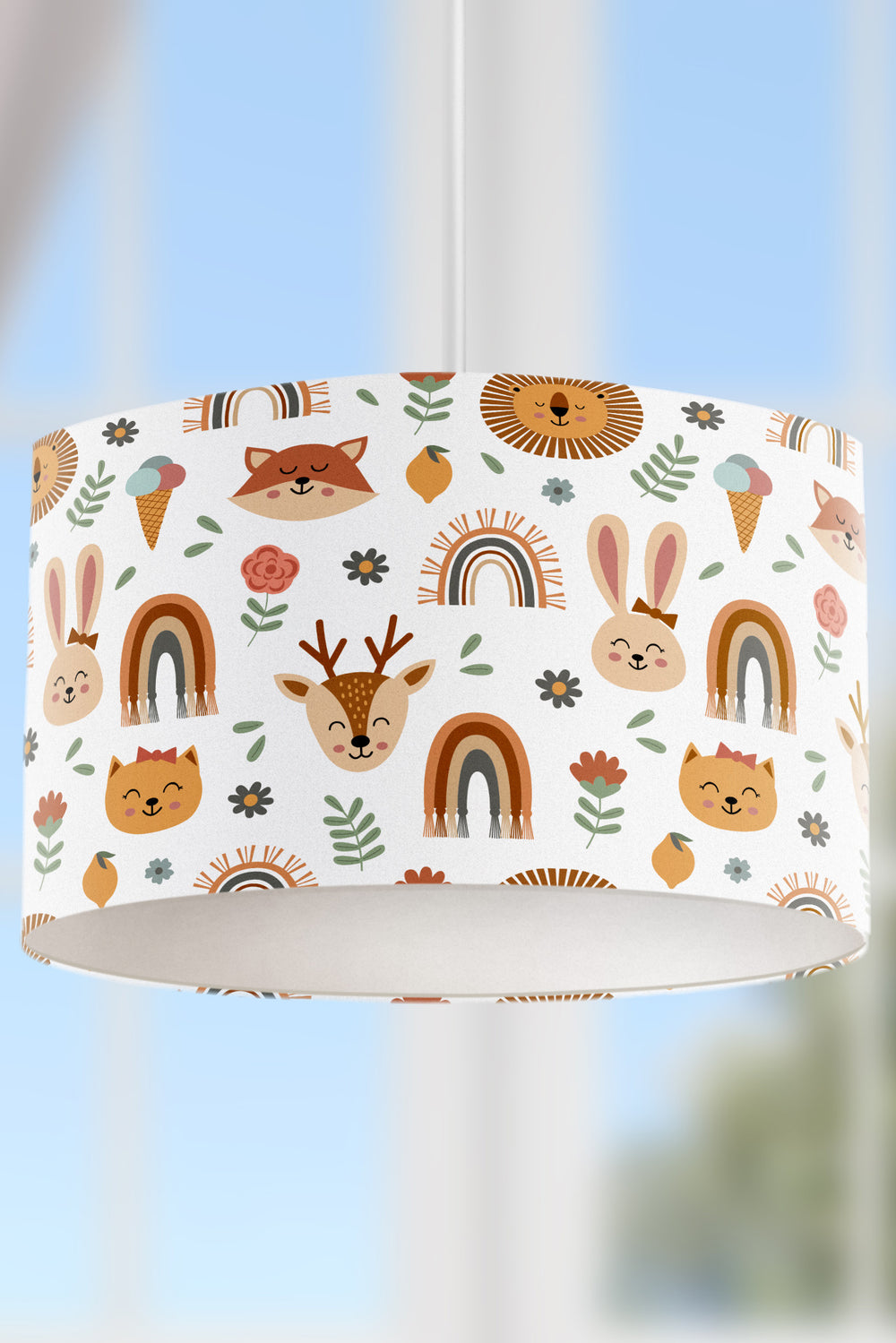 Rainbow & Animals Themed Children's Room Pendant Lamp - 30cm Decorative Hanging Light with Adjustable Cable - Non-Toxic Water-Based Print