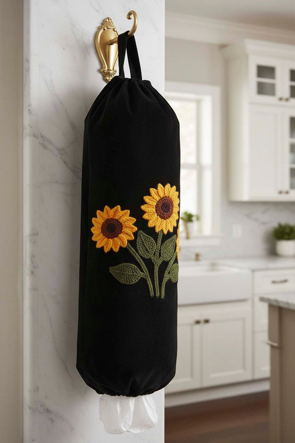 Black Sunflower Pattern Fabric Plastic Bag Organizer