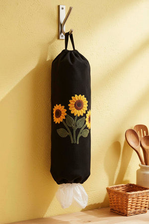 Black Sunflower Pattern Fabric Plastic Bag Organizer