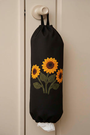 Black Sunflower Pattern Fabric Plastic Bag Organizer