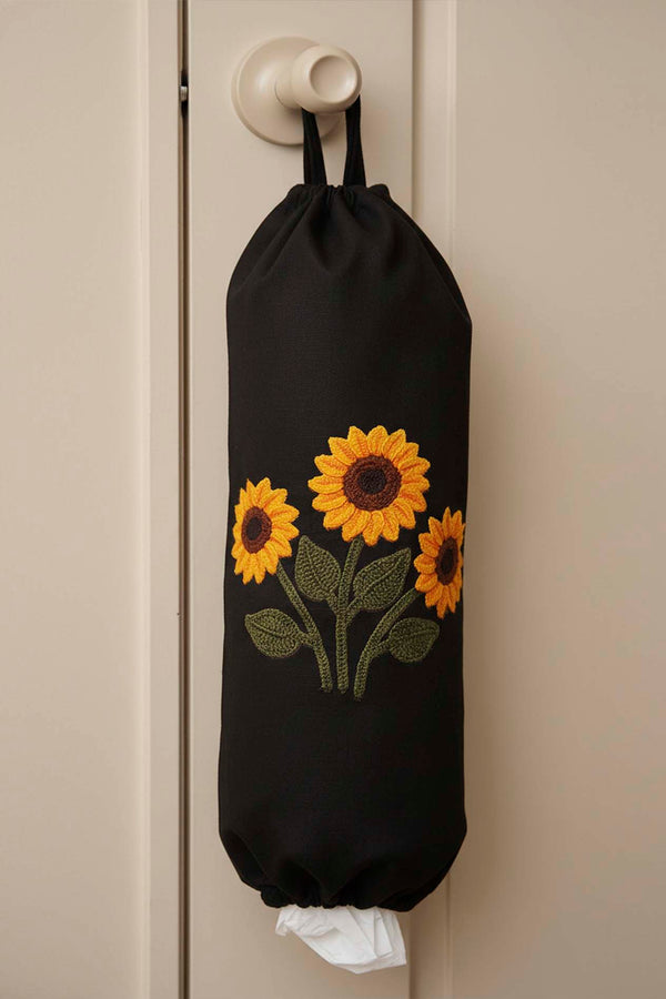 Black Sunflower Pattern Fabric Plastic Bag Organizer