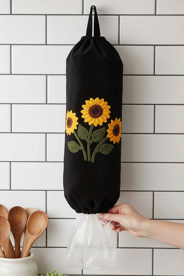 Black Sunflower Pattern Fabric Plastic Bag Organizer