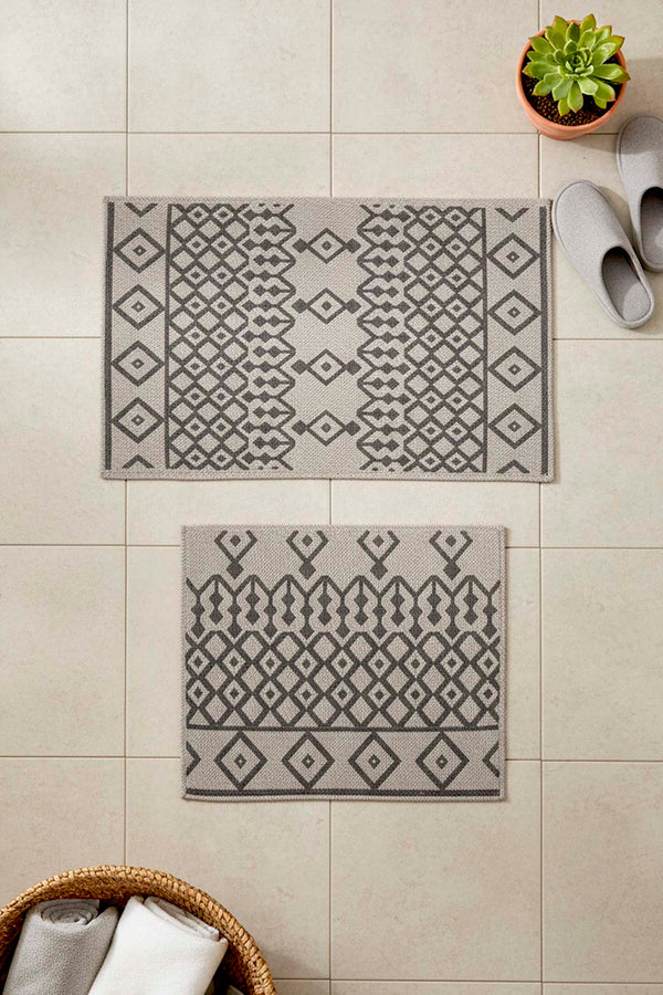 Grey Ethnic Pattern 2-Piece Bathroom Toilet Mat Set