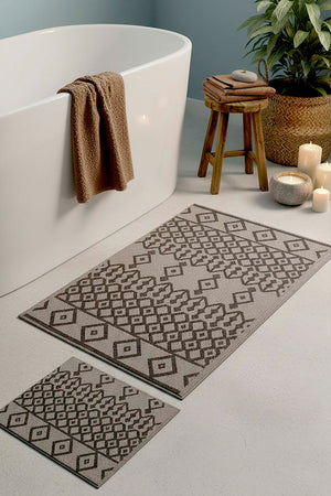 Grey Ethnic Pattern 2-Piece Bathroom Toilet Mat Set