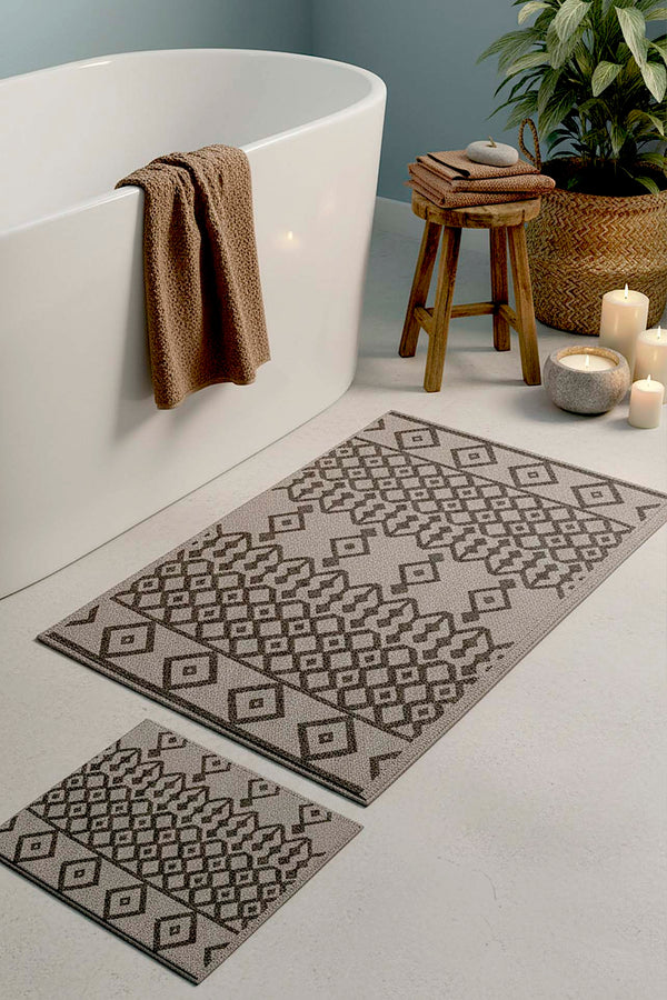 Grey Ethnic Pattern 2-Piece Bathroom Toilet Mat Set