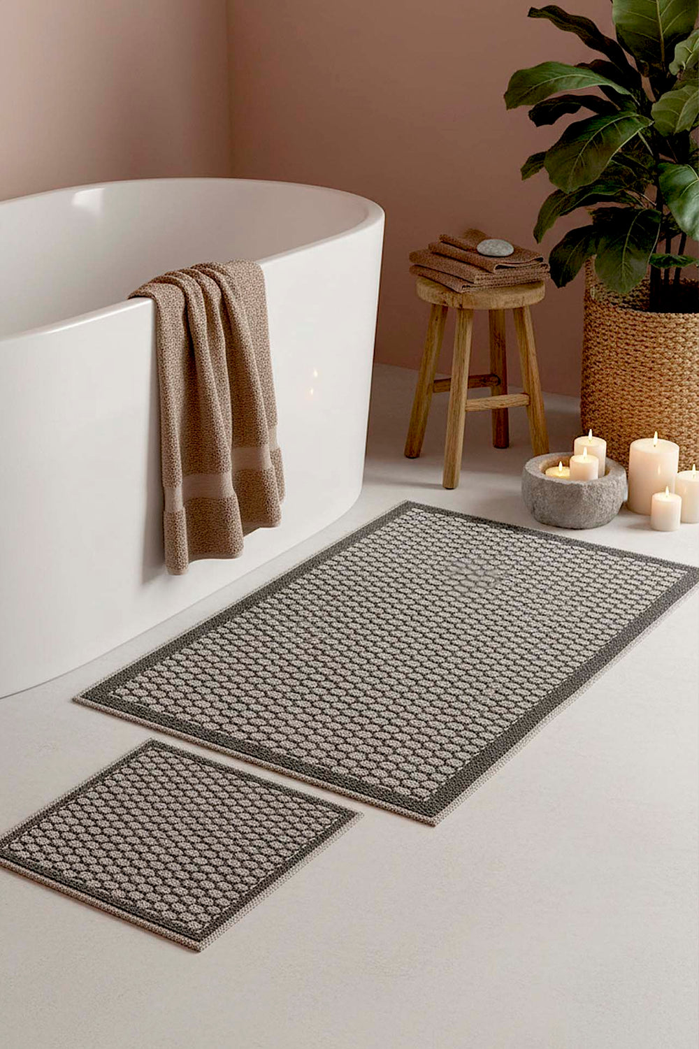 Honeycomb Pattern 2-Piece Bathroom Toilet Mat Set