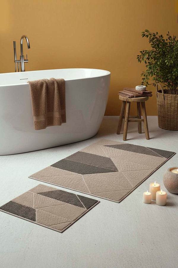 Soft Grey Geometric Pattern 2-Piece Bathroom Toilet Mat Set