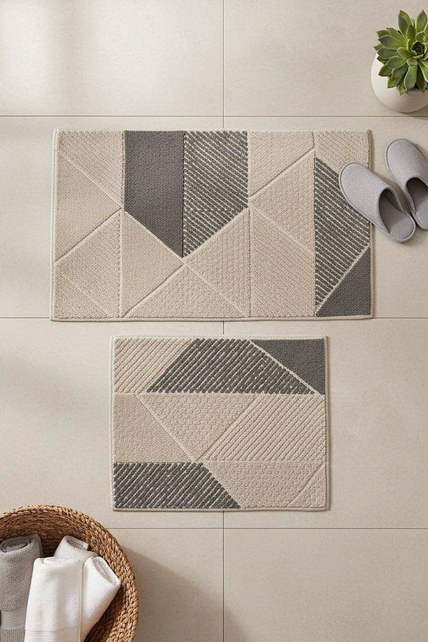Soft Grey Geometric Pattern 2-Piece Bathroom Toilet Mat Set