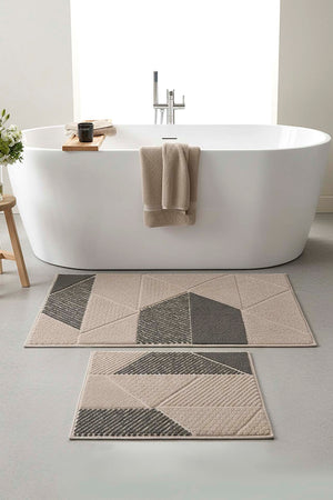 Soft Grey Geometric Pattern 2-Piece Bathroom Toilet Mat Set