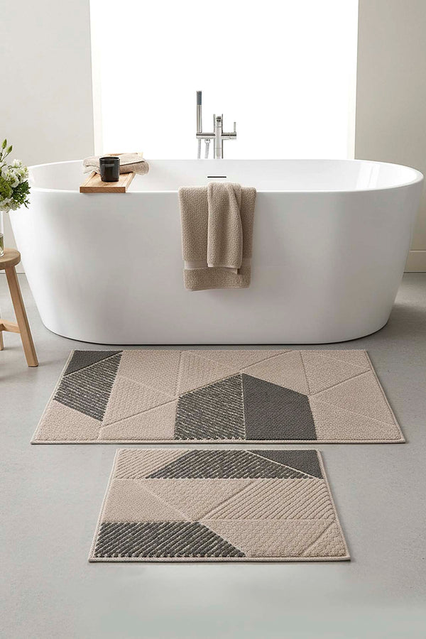 Soft Grey Geometric Pattern 2-Piece Bathroom Toilet Mat Set