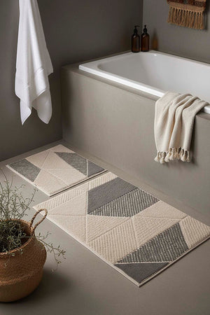 Soft Grey Geometric Pattern 2-Piece Bathroom Toilet Mat Set
